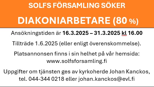 Solfs församling söker diakoniarbetare (80%)