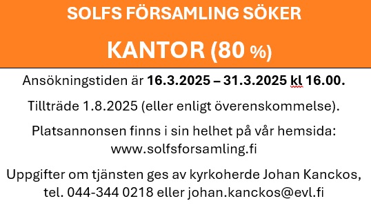 Solfs församling söker kantor (80%)