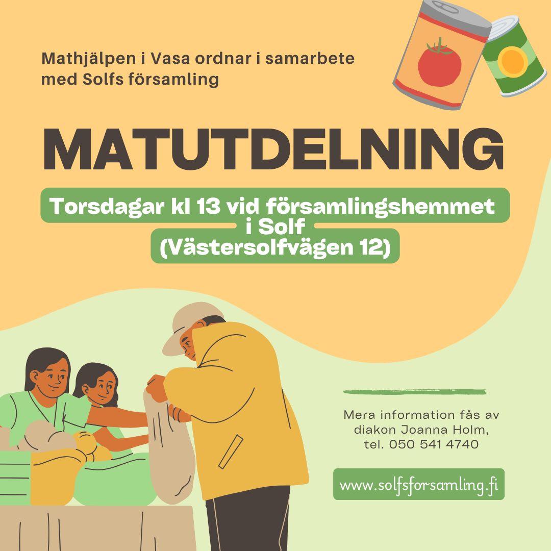 Matutdelning sker torsdagar kl 13 vid församlingshemmet.